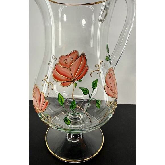 Bohemia Crystal Pitcher Hand Painted Roses 24K Gold Trim 82oz Pedestal - Picture 4 of 7